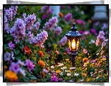 Ogród, Lampa, Kwiaty