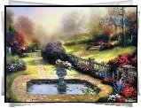 Ogród, Kwiaty, Oczko, Wodne, Thomas Kinkade