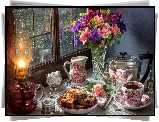 Lampa naftowa, Bukiet, Kwiaty, Porcelana, Ciasto, Dzbanek, Filiżanka, Okno