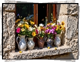 Okno, Parapet, Kolorowe, Kwiaty, Dzbanki