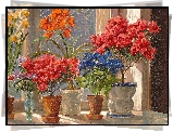 Obraz, Malarstwo, Olga Aleksandrowna Romanowa, Kwiaty, Doniczki, Wazon, Okno, Parapet