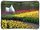 Wiosna, Park, Staw, Kwitnące, Tulipany, Biała, Rzeźba