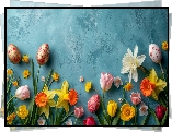 Wielkanoc, Pisanki, Żonkile, Tulipany, Kwiaty