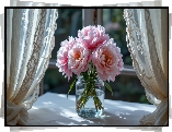 Różowe, Piwonie, Słoik, Okno, Firanki