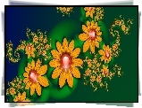 Pomarańczowe, Kwiaty, Zielone, Tło, Grafika, 3D