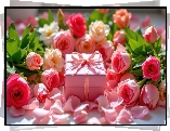 Pudełko, Prezent, Kokarda, Róże, Płatki