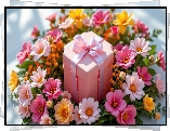 Różowe, Pudełko, Kokarda, Kwiaty, Prezent