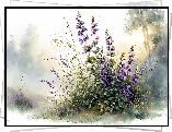 Fioletowe, Kwiaty, Trawy, Rośliny, Sarenka, Grafika AI