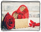 Czerwona, Róża, Pudełko, Wstążka, Czekoladki, Serce, Karteczka, Walentynki