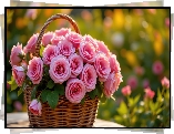 Różowe, Róże, Bukiet, Wiklinowy, Koszyk