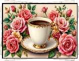 Filiżanka, Talerzyk, Kawa, Róże