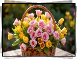 Żółte, Tulipany, Różowe, Róże, Wiklinowy, Koszyk, Kwiaty