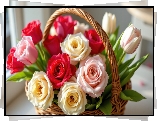 Bukiet, Róże, Tulipany, Wiklinowy, Koszyk