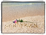 Plaża, Różowa, Róża, Piasek, Napis, Honeymoon, Miesiąc miodowy