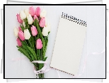 Różowe, Białe, Tulipany, Bukiet, Wstążka, Notes