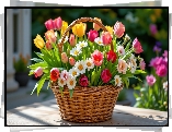 Stokrotki, Tulipany, Żółte, Różowe, Bukiet, Wiklinowy, Koszyk