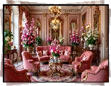 Salon, Sofa, Fotele, Bukiety, Kolorowe, Kwiaty, Stolik, Dywan, Obraz, Lustra