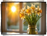 Bukiet, Narcyzy żonkile, Słoik, Okno, Słońce