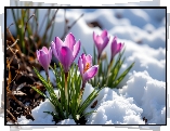 Fioletowe, Krokusy, Kwiaty, Śnieg, Grafika AI