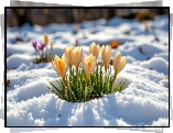 Kwiaty, Żółte, Krokusy, Śnieg