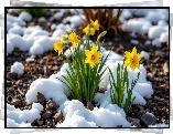 Żółte, Narcyzy żonkile, Śnieg