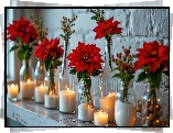 Kwiaty, Gwiazda betlejemska, Świece, Naczynia, Szklane, AI