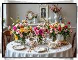 Bukiety, Kwiaty, Wazony, Szklane, Zastawa, Porcelana, Stół