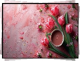 Czerwone, Tulipany, Filiżanka, Różowe, Tło