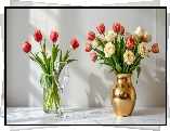 Dwa, Bukiety, Róże, Tulipany, Wazony, Kieliszek