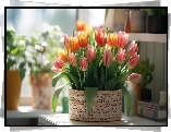 Kwiaty, Tulipany, Koszyk, Doniczki, Okno