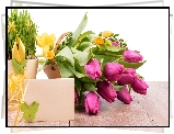 Kwiaty, Tulipany, Frezje, Doniczka, Trawa, Wiosenna, Kompozycja