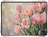 Różowe, Tulipany, Listki, Obraz, Malarstwo