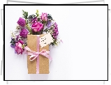 Kwiaty, Tulipany, Róże, Prezent, Karteczka, Napis, Dzień Matki