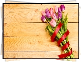 Tulipany, Bukiet, Czerwona, Wstążka, Deski