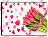 Walentynki, Różowe, Tulipany, Wstążka, Serduszka