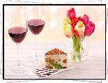 Kieliszki, Wino, Tulipany, Wazon, Ciasto, Kompozycja
