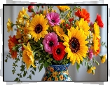 Bukiet, Kwiaty, Słoneczniki, Wazon