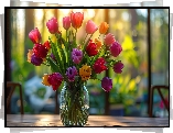 Kwiaty, Tulipany, Kolorowe, Wazon