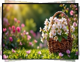 Białe, Różowe, Kwiaty, Wiklinowy, Koszyk, Trawa