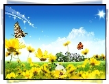 Wiosna, Żółte, Kwiatki, Motylki, Biedronka Grafika 2D