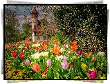 Kwiaty, Tulipany, Wiosna, Zameczek Scheuermanna, Park, Herrsching am Ammersee, Bawaria, Niemcy