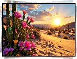 Kaktus, Kwiaty, Pustynia, Zachód słońca, Grafika AI