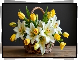 Kwiaty, Białe, Lilie, Żółte, Tulipany, Koszyk