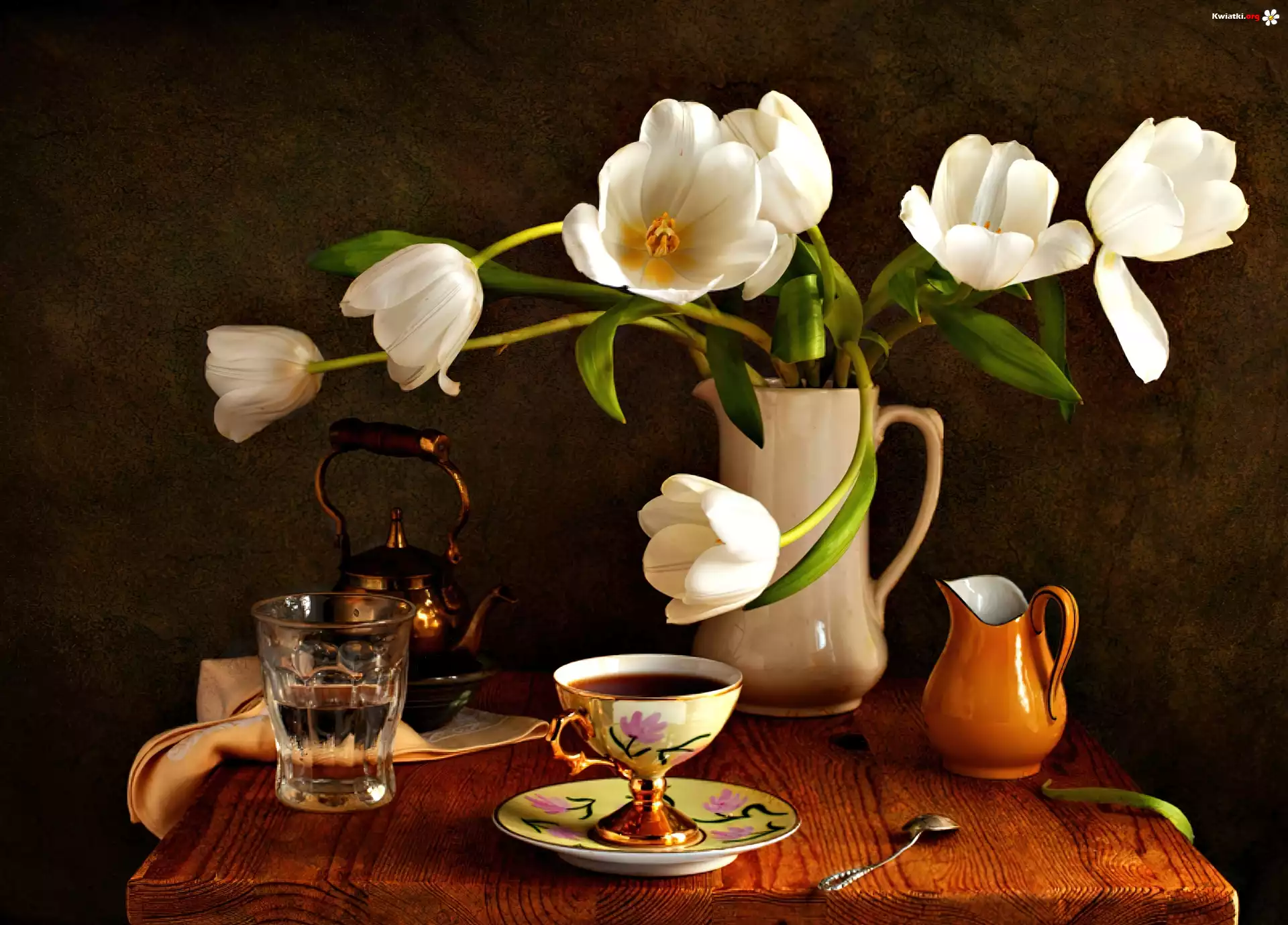 Białe, Tulkpany, Porcelana, Szklanka, Czajniczek