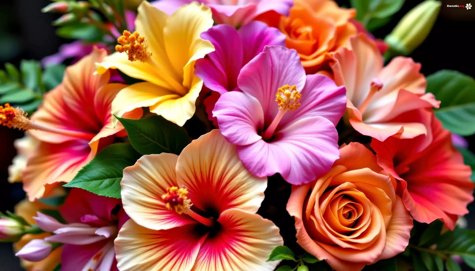 Hibiskusy, Róże, Kwiaty, Bukiet, Grafika AI