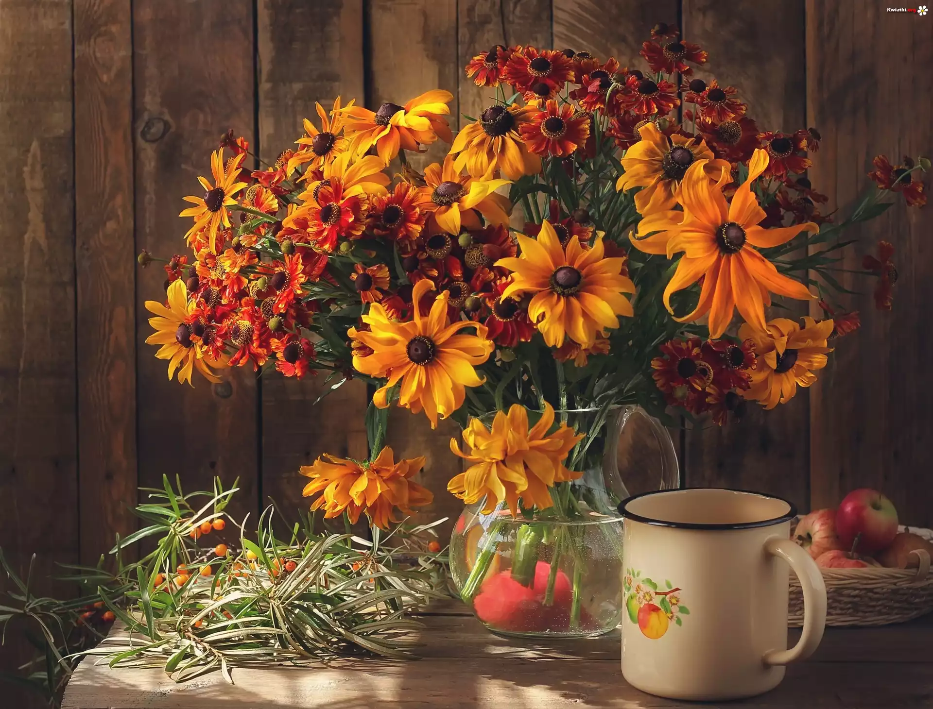 Kompozycja, Bukiet, Kwiatów, Rudbekia, Dzielżan, Jabłka, Garnuszek