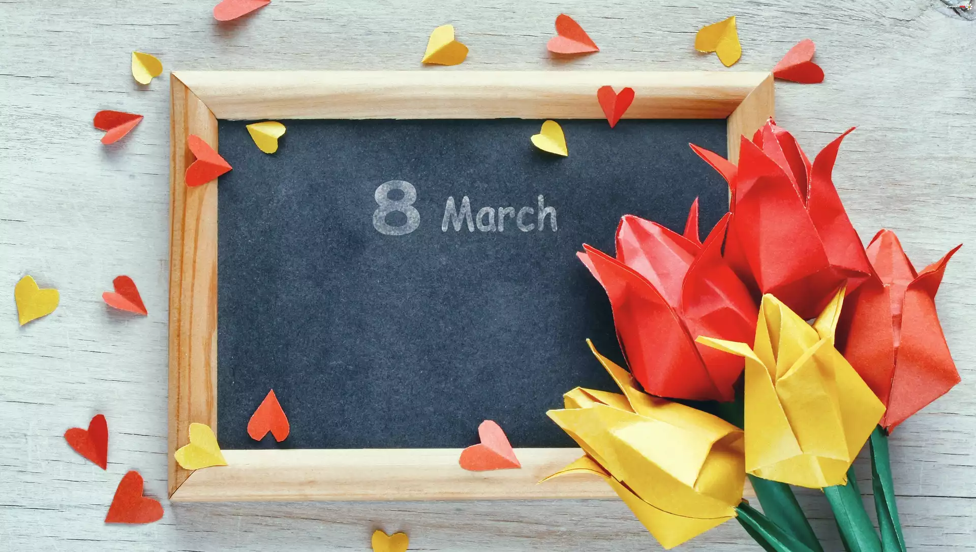 Dzień Kobiet, Tablica, Serduszka, Tulipany, Origami
