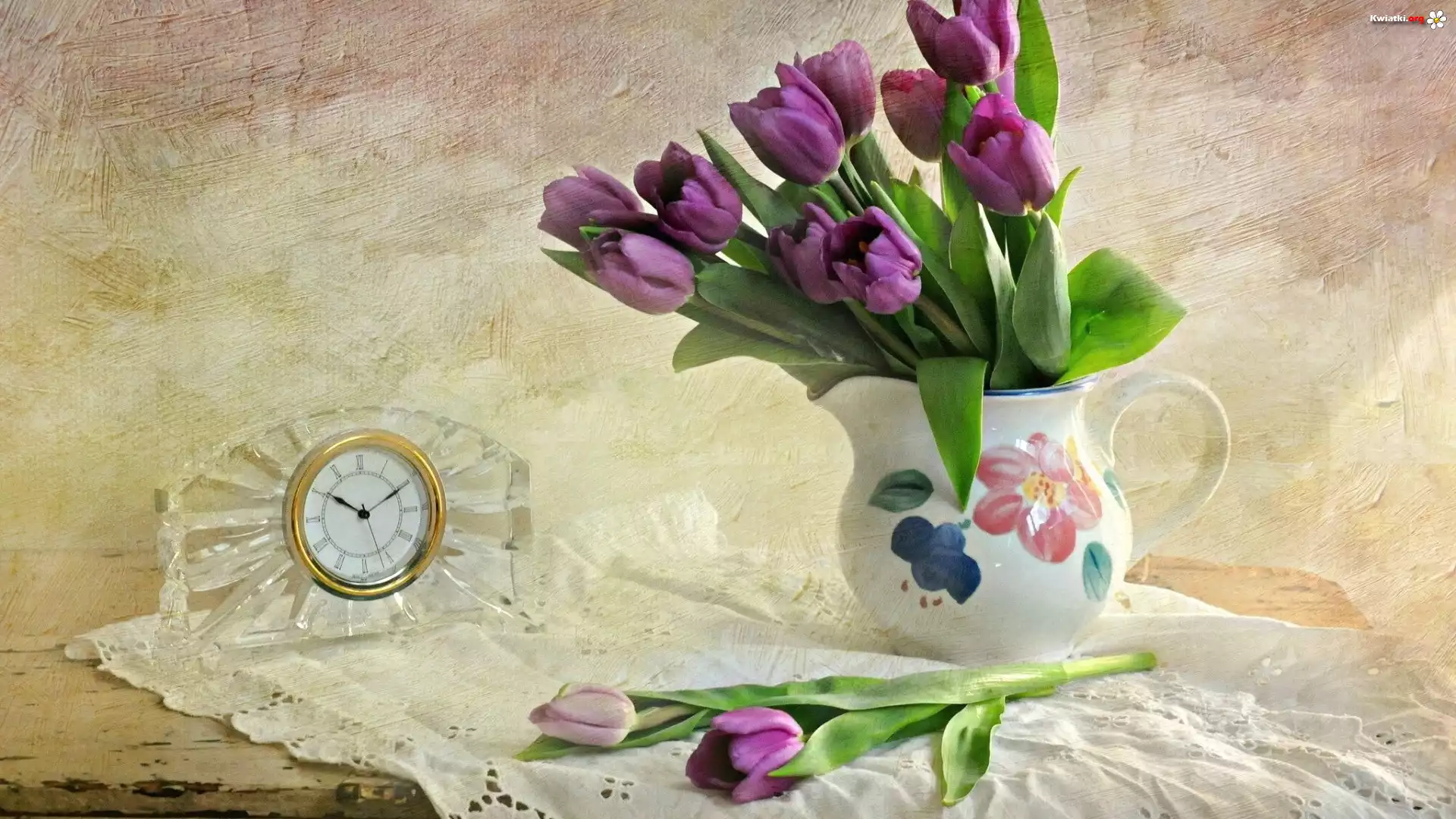 Fioletowe, Tulipany, Bukiet, Dzbanuszek, Zegarek