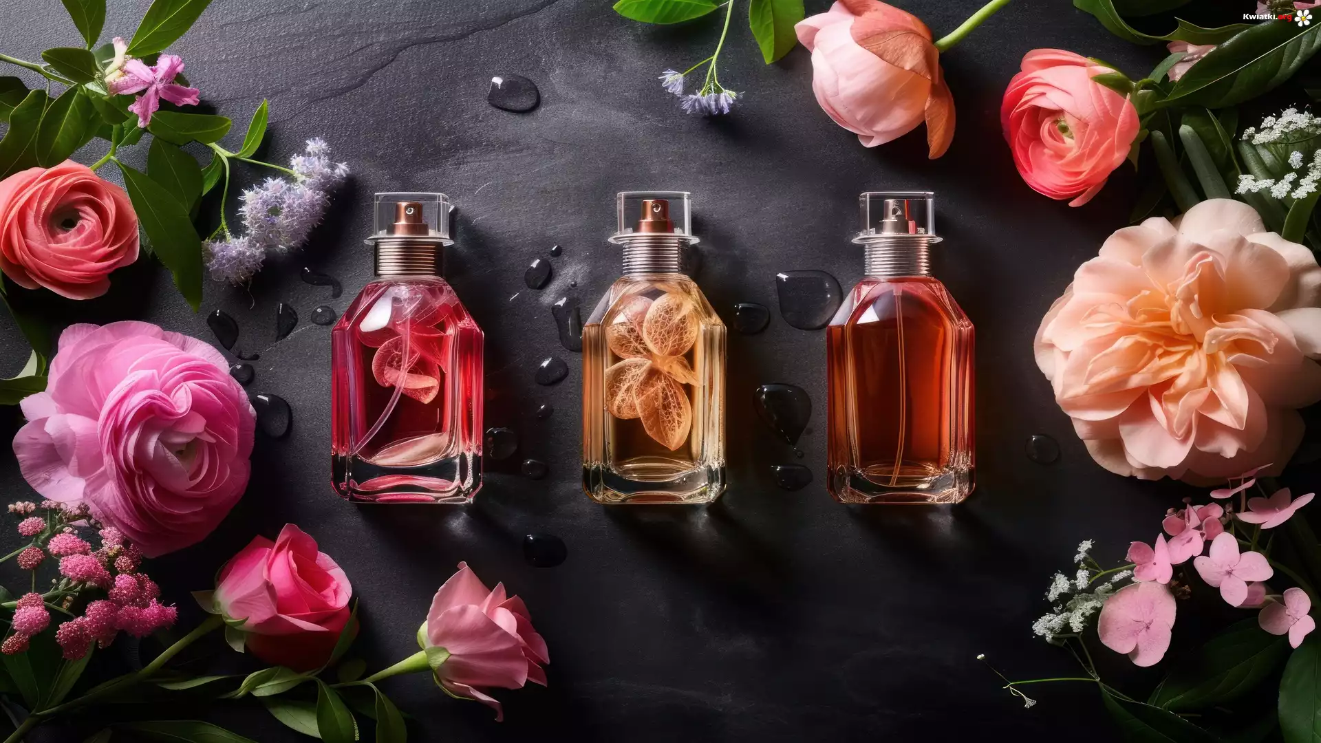 Perfumy, Flakon, Kwiaty, Ciemne, Tło