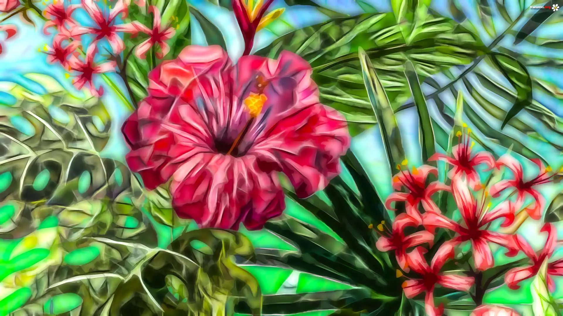 Kwiaty, Liście, Grafika, Hibiskus